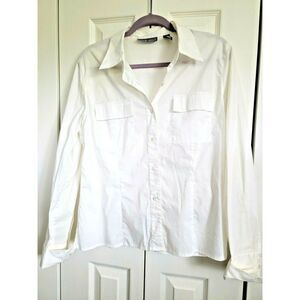 Kate Hill 14 White Cotton Blend L/S Stretch Button Front Shirt Blouse Tunic 14‎
